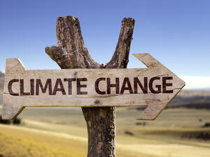 Climate Change wooden sign with a desert background