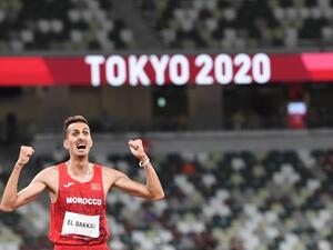 Morocco's Soufiane El Bakkali celebrates winning the men's 3000m steeplechase final during the Tokyo 2020 Olympic Games at the Olympic Stadium in Tokyo on August 2, 2021. (Photo: AFP)