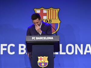 Barcelona's Argentinian forward Lionel Messi cries during a press conference at the Camp Nou stadium in Barcelona on August 8, 2021. The six-time Ballon d'Or winner Messi had been expected to sign a new five-year deal with Barcelona on August 5 but instead, after 788 games, the club announced he is leaving at the age of 34. (Photo: AFP)