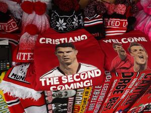 Merchandise featuring new signing Cristiano Ronaldo is seen for sale ahead of the English Premier League football match between Manchester United and Newcastle at Old Trafford in Manchester, north west England, on September 11, 2021. (Photo: AFP)