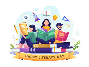 Happy Literacy Day. Young People celebrate Literacy Day by reading books. By agny_illustration (Shutterstock)