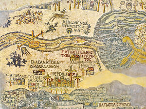 Fragment of the oldest floor mosaic map of the Holy Land - the Jordan River and the Dead Sea