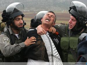 Israeli soldiers arrest a Palestinian 