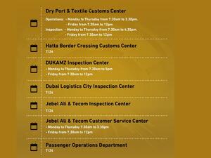 زودت جمارك دبي مراكزها الجمركية بأحدث الأجهزة والتقنيات التي تعمل باستخدام افضل تطبيقات تقنية المعلومات الذكية والذكاء الاصطناعي جمارك دبي تعلن مواعيد العمل في مراكزها الجمركية مع بدء تطبيق نظام الدوام الجديد في القطاع الحكومي