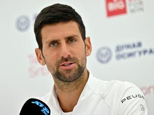 Serbia's Novak Djokovic attends a press conference during the Serbia Tennis Open ATP 250 series tournament in Belgrade on April 18, 2022. (Photo by Andrej ISAKOVIC / AFP)