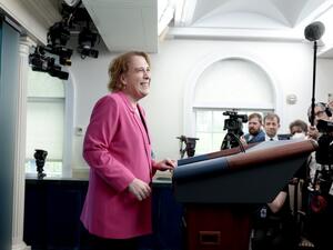 Jeopardy champion Amy Schneider talks with reporters in the James S. Brady Press Briefing Room of the White House on March 31, 2022 in Washington, DC.  Jeopardy champion Amy Schneider
