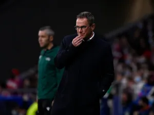 Manchester United's German interim head coach Ralf Rangnick looks on during the UEFA Champions League football match between Atletico de Madrid and Manchester United at the Wanda Metropolitano stadium in Madrid on February 23, 2022. (Photo by OSCAR DEL POZO / AFP)
