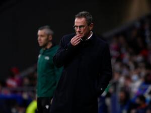 Manchester United's German interim head coach Ralf Rangnick looks on during the UEFA Champions League football match between Atletico de Madrid and Manchester United at the Wanda Metropolitano stadium in Madrid on February 23, 2022. (Photo by OSCAR DEL POZO / AFP) Manchester United's German interim head coach Ralf Rangnick looks on during the UEFA Champions League football match between Atletico de Madrid and Manchester United at the Wanda Metropolitano stadium in Madrid on February 23, 2022. (Photo by OSCAR DEL POZO / AFP)