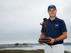 Jordan Spieth poses with the trophy after winning the RBC Heritage in a playoff at Harbor Town Golf Links on April 17, 2022 in Hilton Head Island, South Carolina. Jared C. Tilton/Getty Images/AFP (Photo by Jared C. Tilton / GETTY IMAGES NORTH AMERICA / Getty Images via AFP)