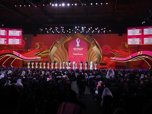 A picture shows a general view during the draw for the 2022 World Cup in Qatar at the Doha Exhibition and Convention Center on April 1, 2022. (Photo by FRANCK FIFE / AFP) A picture shows a general view during the draw for the 2022 World Cup in Qatar at the Doha Exhibition and Convention Center on April 1, 2022. (Photo by FRANCK FIFE / AFP)