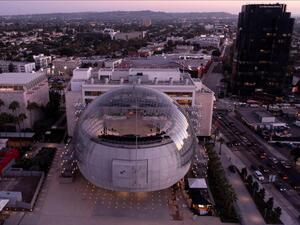 An aerial view shows the new Academy Museum of Motion Pictures