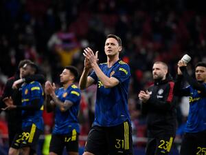 Manchester United's Serbian midfielder Nemanja Matic and teammates react at the end of the UEFA Champions League football match between Atletico de Madrid and Manchester United at the Wanda Metropolitano stadium in Madrid on February 23, 2022. (Photo by OSCAR DEL POZO / AFP) Manchester United's Serbian midfielder Nemanja Matic and teammates react at the end of the UEFA Champions League football match between Atletico de Madrid and Manchester United at the Wanda Metropolitano stadium in Madrid on February 23, 2022. (Photo by OSCAR DEL POZO / AFP)