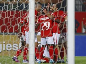 Ahly's players celebrate at the end of the CAF Champions League semi-final match between Egypt's al-Ahly and Algeria's ES Setif at the al-Salam stadium in Cairo on May 7, 2022. (Photo by Khaled DESOUKI / AFP) Ahly's players celebrate at the end of the CAF Champions League semi-final match between Egypt's al-Ahly and Algeria's ES Setif at the al-Salam stadium in Cairo on May 7, 2022. (Photo by Khaled DESOUKI / AFP)