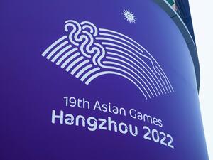 A logo of the 2022 Asian Games is seen in Hangzhou, in China's eastern Zhejiang province on May 6, 2022. (Photo by AFP) A logo of the 2022 Asian Games is seen in Hangzhou, in China's eastern Zhejiang province on May 6, 2022. (Photo by AFP)