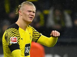 Dortmund's Norwegian forward Erling Braut Haaland reacts during the German first division Bundesliga football match BVB Borussia Dortmund v FC Bayern Munich in Dortmund, western Germany,. Manchester City said Tuesday, May 10, they had reached an agreement in principle with Borussia Dortmund to sign striker Erling Haaland. (Photo by Ina Fassbender / AFP) Dortmund's Norwegian forward Erling Braut Haaland reacts during the German first division Bundesliga football match BVB Borussia Dortmund v FC Bayern Munich in Dortmund, western Germany,. Manchester City said Tuesday, May 10, they had reached an agreement in principle with Borussia Dortmund to sign striker Erling Haaland. (Photo by Ina Fassbender / AFP)