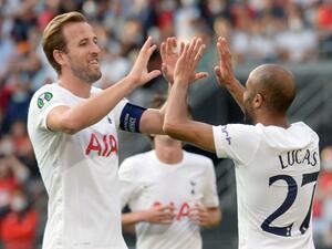 Tottenham's Brazilian forward Lucas (R) celebrates with Tottenham's English forward Harry Kane (L) after scoring during the UEFA Europa Conference League Group G football match between Stade Rennais Football Club (Rennes) and Tottenham at The Roazhon Park Stadium in Rennes, north-western France on September 16, 2021. (Photo by JEAN-FRANCOIS MONIER / AFP) Tottenham's Brazilian forward Lucas (R) celebrates with Tottenham's English forward Harry Kane (L) after scoring during the UEFA Europa Conference League Group G football match between Stade Rennais Football Club (Rennes) and Tottenham at The Roazhon Park Stadium in Rennes, north-western France on September 16, 2021. (Photo by JEAN-FRANCOIS MONIER / AFP)