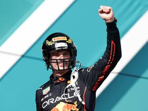 Race winner Max Verstappen of the Netherlands and Oracle Red Bull Racing celebrates on the podium during the F1 Grand Prix of Miami at the Miami International Autodrome on May 08, 2022 in Miami, Florida. Mark Thompson/Getty Images/AFP (Photo by Mark Thompson / GETTY IMAGES NORTH AMERICA / Getty Images via AFP) Race winner Max Verstappen of the Netherlands and Oracle Red Bull Racing celebrates on the podium during the F1 Grand Prix of Miami at the Miami International Autodrome on May 08, 2022 in Miami, Florida. Mark Thompson/Getty Images/AFP (Photo by Mark Thompson / GETTY IMAGES NORTH AMERICA / Getty Images via AFP)
