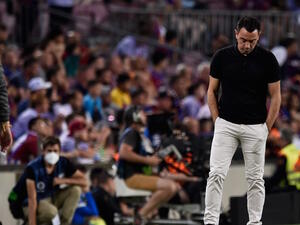 Barcelona's Spanish coach Xavi reacts during the Spanish League football match between FC Barcelona and Villarreal CF at the Camp Nou stadium in Barcelona on May 22, 2022. (Photo by Josep LAGO / AFP)
