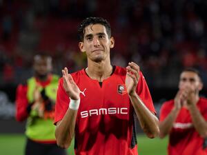 Rennes' Moroccan defender Nayef Aguerd celebrates after victory in the Conference Europa league football match between Rennes and Rosenborg at the Rohazon Park Stadium in Rennes, western France, on August 19, 2021. (Photo by LOIC VENANCE / AFP) Rennes' Moroccan defender Nayef Aguerd celebrates after victory in the Conference Europa league football match between Rennes and Rosenborg at the Rohazon Park Stadium in Rennes, western France, on August 19, 2021. (Photo by LOIC VENANCE / AFP)