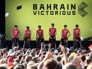 Bahrain Victorious team riders attend the cycling teams' presentation two days ahead of the first stage of the 109th edition of the Tour de France cycling race, in Copenhagen, in Denmark, on June 29, 2022. (Photo by Thomas SAMSON / AFP) Bahrain Victorious team riders attend the cycling teams' presentation two days ahead of the first stage of the 109th edition of the Tour de France cycling race, in Copenhagen, in Denmark, on June 29, 2022. (Photo by Thomas SAMSON / AFP)