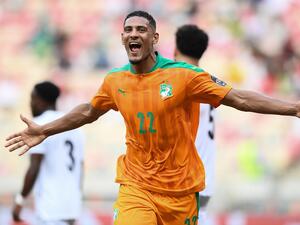 Ivory Coast's forward Sebastien Haller celebrates scoring his team's first goal during the Group E Africa Cup of Nations (CAN) 2021 football match between Ivory Coast and Sierra Leone at Stade de Japoma in Douala on January 16, 2022. (Photo by CHARLY TRIBALLEAU / AFP) Ivory Coast's forward Sebastien Haller celebrates scoring his team's first goal during the Group E Africa Cup of Nations (CAN) 2021 football match between Ivory Coast and Sierra Leone at Stade de Japoma in Douala on January 16, 2022. (Photo by CHARLY TRIBALLEAU / AFP)