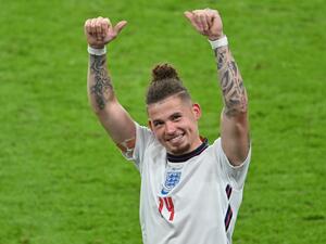 England's midfielder Kalvin Phillips celebrates after winning the UEFA EURO 2020 semi-final football match between England and Denmark at Wembley Stadium in London on July 7, 2021. / AFP / POOL / JUSTIN TALLIS England's midfielder Kalvin Phillips celebrates after winning the UEFA EURO 2020 semi-final football match between England and Denmark at Wembley Stadium in London on July 7, 2021. / AFP / POOL / JUSTIN TALLIS