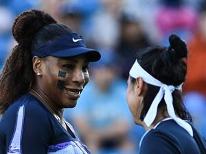 Serena Williams of the US (L) and Tunisia's Ons Jabeur react as they play against Japan's Shuko Aoyama and Taiwan's Chan Hao-ching during their women's doubles quarter final tennis match on day four of the Eastbourne International tennis tournament in Eastbourne, southern England on June 22, 2022. (Photo by Glyn KIRK / AFP) Serena Williams of the US (L) and Tunisia's Ons Jabeur react as they play against Japan's Shuko Aoyama and Taiwan's Chan Hao-ching during their women's doubles quarter final tennis match on day four of the Eastbourne International tennis tournament in Eastbourne, southern England on June 22, 2022. (Photo by Glyn KIRK / AFP)