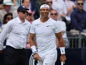 Spain's Rafael Nadal grimaces for hitting the ball out as he plays against Canada's Felix Auger-Aliassime during their men's exhibition singles match at The Giorgio Armani Tennis Classic tournament at the Hurlingham Club in London on June 24, 2022. (Photo by Adrian DENNIS / AFP) Spain's Rafael Nadal grimaces for hitting the ball out as he plays against Canada's Felix Auger-Aliassime during their men's exhibition singles match at The Giorgio Armani Tennis Classic tournament at the Hurlingham Club in London on June 24, 2022. (Photo by Adrian DENNIS / AFP)
