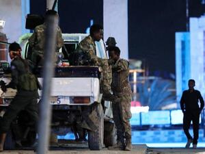 Security forces patrol near the Hayat Hotel Mogadishu