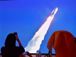  Screen broadcasting the launch of the 'Hope' Mars probe at the Mohammed Bin Rashid Space Centre in Dubai 