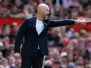 Manchester United's Dutch manager Erik ten Hag gestures on the touchline during a pre-season club friendly football match between Manchester United and Rayo Vallecano at Old Trafford in Manchester, north west England, on July 31, 2022. (Photo by Nigel Roddis / AFP)