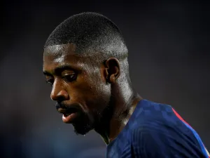 Barcelona's French forward Ousmane Dembele reacts during the UEFA Champions League Group C first-leg football match between FC Barcelona and Viktoria Plzen, at the Camp Nou stadium in Barcelona on September 7, 2022. (Photo by Pau BARRENA / AFP)