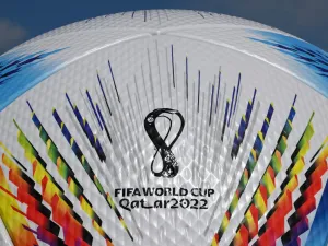 Picture taken on April 21, 2022 on the compound of the headquarters of German sports equipment maker Adidas in Herzogenaurach, southern Germany, shows a part of an oversized model of the official football of the Qatar held 2022 FIFA Football World Cup called "Al Rihla", meaning "The Journey". (Photo by Christof STACHE / AFP)