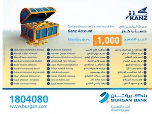 Burgan Bank Announces the Names of the Monthly Draw Winners of Kanz Account 