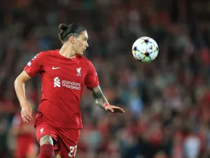 Liverpool's Uruguayan striker Darwin Nunez plays the ball during the UEFA Champions League group A football match between Liverpool and Ajax at Anfield in Liverpool, north west England on September 13, 2022. (Photo by Lindsey Parnaby / AFP)