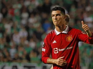 Manchester United's Portuguese striker Cristiano Ronaldo reacts at the end of the UEFA Europa League group E football match between Cyprus' Omonia Nicosia and England's Manchester United at GSP stadium in the capital Nicosia on October 6, 2022. (Photo by Khaled DESOUKI / AFP)