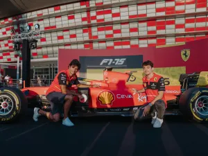 Scuderia Ferrari F1 drivers Charles Leclerc and Carlos Sainz surprise guests at the Ferrari World Abu Dhabi F1 FanZone 