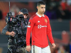 Manchester United's Portuguese striker Cristiano Ronaldo reacts as he leaves the pitch after the UEFA Europa League Group E football match between Manchester United and Sheriff Tiraspol, at Old Trafford stadium, in Manchester, north-west England, on October 27, 2022. Manchester United won 3-00. (Photo by Lindsey Parnaby / AFP)
