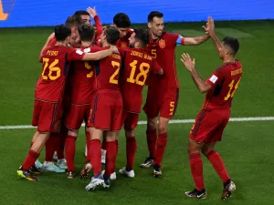 Spain's forward #11 Ferran Torres (unseen) celebrates scoring his team's third goal from the penalty spot during the Qatar 2022 World Cup Group E football match between Spain and Costa Rica at the Al-Thumama Stadium in Doha on November 23, 2022. (Photo by Kirill KUDRYAVTSEV / AFP)