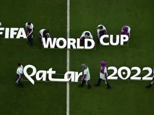 Fifa lettering is displayed at the presentation ahead of the Qatar 2022 World Cup Group H football match between South Korea and Ghana at the Education City Stadium in Al-Rayyan, west of Doha, on November 28, 2022. (Photo by Kirill KUDRYAVTSEV / AFP)