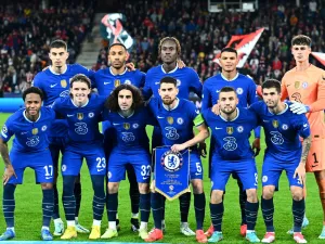 Chelsea's team poses for group photo prior to the UEFA Champions League Group E football match between RB Salzburg and Chelsea FC in Salzburg, Austria on October 25, 2022. (Photo by Joe Klamar / AFP)