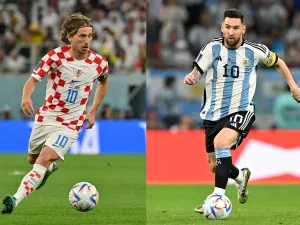 combination picture made on December 11, 2022 during the Qatar 2022 World Cup football tournament shows Croatia's midfielder Luka Modric (L) in Doha on December 9, 2022 and Argentina's forward Lionel Messi in Doha on December 3, 2022. Argentina will play Croatia in the Qatar 2022 World Cup football semi-final match in Doha on December 13, 2022. (Photo by Nelson ALMEIDA and Alfredo ESTRELLA / AFP)