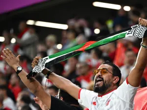A fan holds up a 'Free Palestine' scarf in the crowd after the Qatar 2022 World Cup Group D football match between Denmark and Tunisia at the Education City Stadium in Al-Rayyan, west of Doha on November 22, 2022. (Photo by Anne-Christine POUJOULAT / AFP)