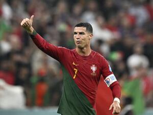 Portugal's forward #07 Cristiano Ronaldo gives a thumbs-up after his team won the Qatar 2022 World Cup round of 16 football match between Portugal and Switzerland at Lusail Stadium in Lusail, north of Doha on December 6, 2022. (Photo by PATRICIA DE MELO MOREIRA / AFP)