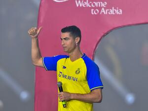 Cristiano Ronaldo greets the fans during his unveiling at the Mrsool Park Stadium in the Saudi capital Riyadh on January 3, 2023. (Photo by AFP)