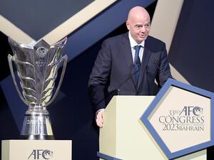 FIFA President Gianni Infantino delivers a speech during the 33rd Asian Football Confederation (AFC) Congress at the Gulf Convention Centre in Manama on February 1, 2023. (Photo by Mazen Mahdi / AFP)