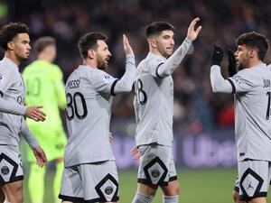 Paris Saint-Germain's Argentine forward Lionel Messi (2ndL) celebrates with teammates after scoring a goal during the French L1 football match between Montpellier Herault SC and Paris Saint-Germain (PSG) at Stade de la Mosson in Montpellier, southern France on February 1, 2023. (Photo by Pascal GUYOT / AFP)