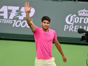 Carlos Alcaraz of Spain celebrates victory over Daniil Medvedev of Russia in the men's final at the 2023 ATP Indian Wells Open on March 19, 2023 in Indian Wells, California. (Photo by Frederic J. BROWN / AFP)