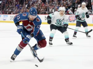 DENVER, COLORADO - APRIL 20: Valeri Nichushkin #13 of the Colorado Avalanche looks for an opening against the Seattle Kraken in the second period in Game Two of the First Round of the 2023 Stanley Cup Playoffs at Ball Arena on April 20, 2023 in Denver, Colorado. Matthew Stockman/Getty Images/AFP (Photo by MATTHEW STOCKMAN / GETTY IMAGES NORTH AMERICA / Getty Images via AFP)