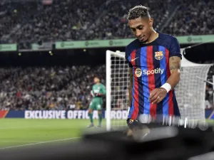 Barcelona's Brazilian forward Raphinha reacts to a missed chance during the Spanish league football match between FC Barcelona and Girona FC at the Camp Nou stadium in Barcelona on April 10, 2023. (Photo by Pau BARRENA / AFP)